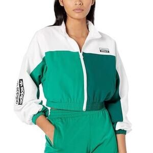 Adidas White & Green Two Tone Cropped Zip Up Jacket Women's Small